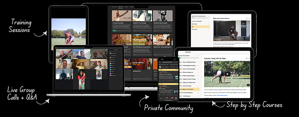 The Stronger Human community overview: training sessions, live group calls and Q&A, private community, and step-by-step courses